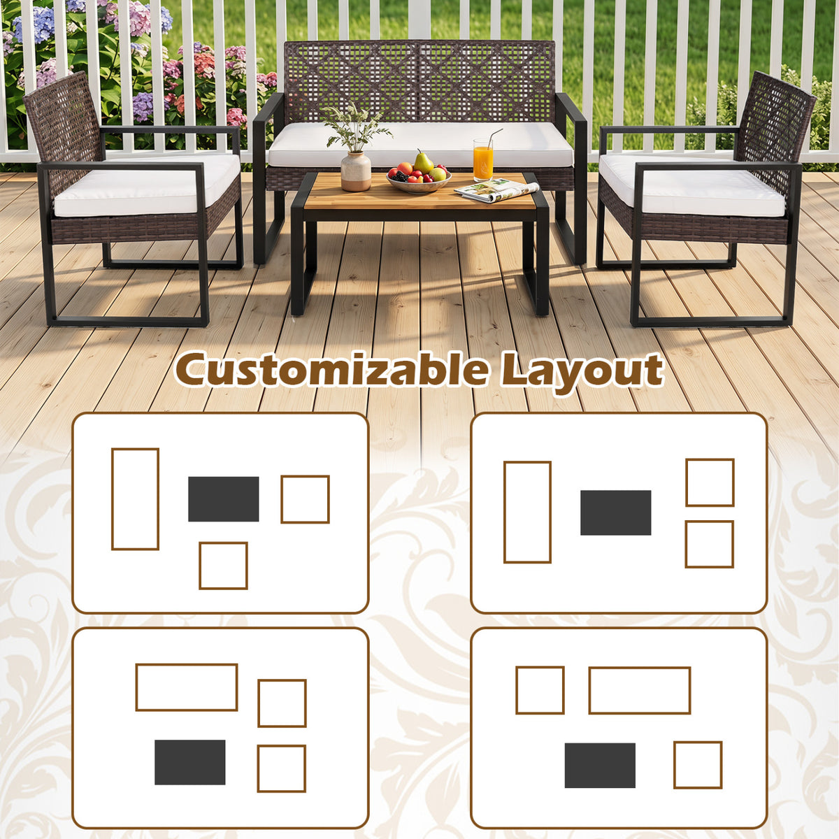 4-Piece Patio Set with Acacia Coffee Table and Wicker Chairs for Backyard-Brown & Black view 9