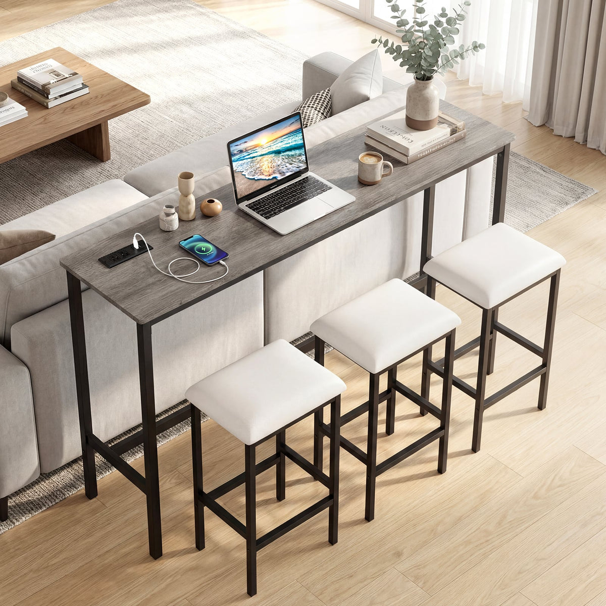 4 Pieces Counter Height Bar Table with Power Outlet with 3 Padded Stools-Gray view 2