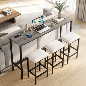 4 Pieces Counter Height Bar Table with Power Outlet with 3 Padded Stools-Gray view 2