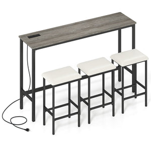 4 Pieces Counter Height Bar Table with Power Outlet with 3 Padded Stools-Gray