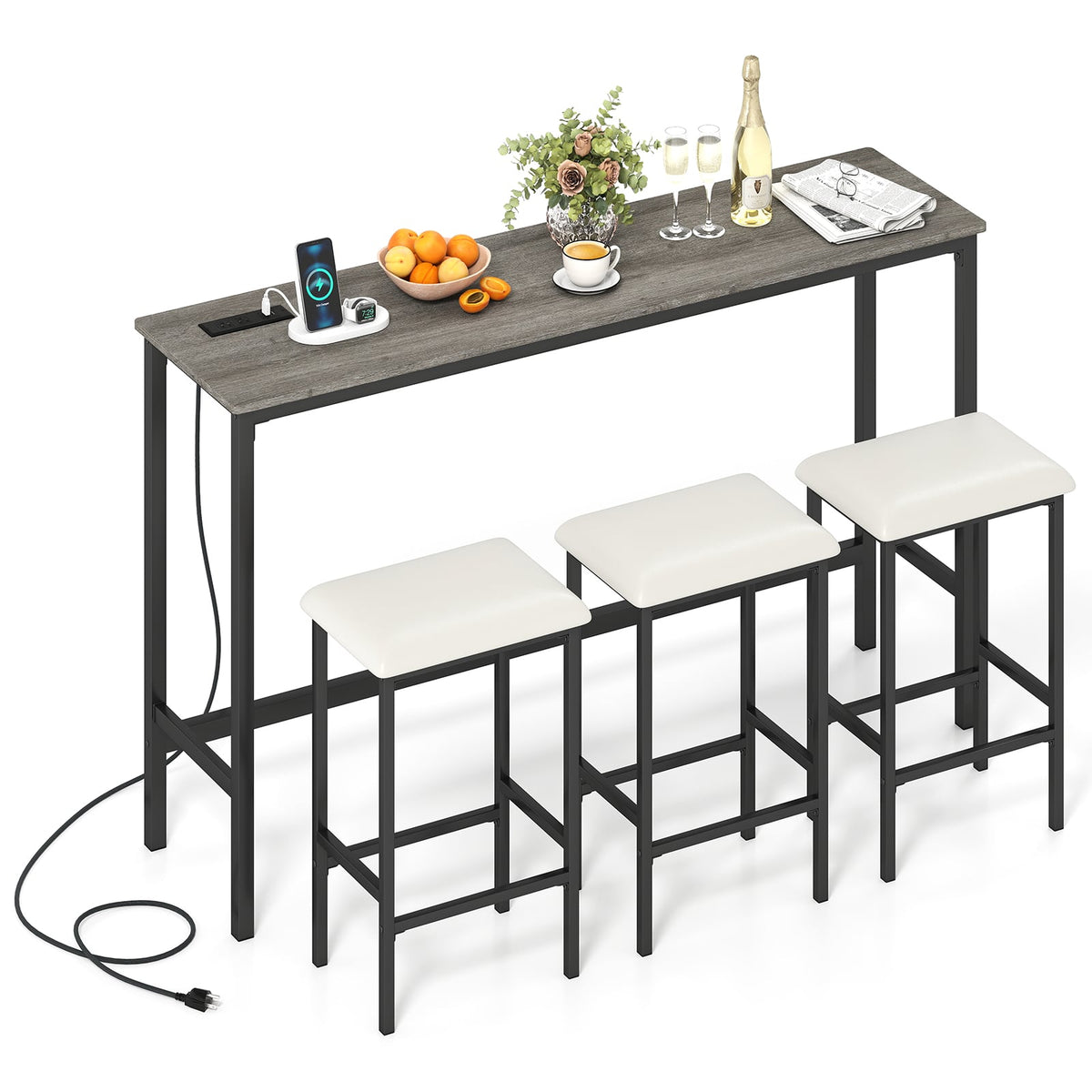 4 Pieces Counter Height Bar Table with Power Outlet with 3 Padded Stools-Gray view 4