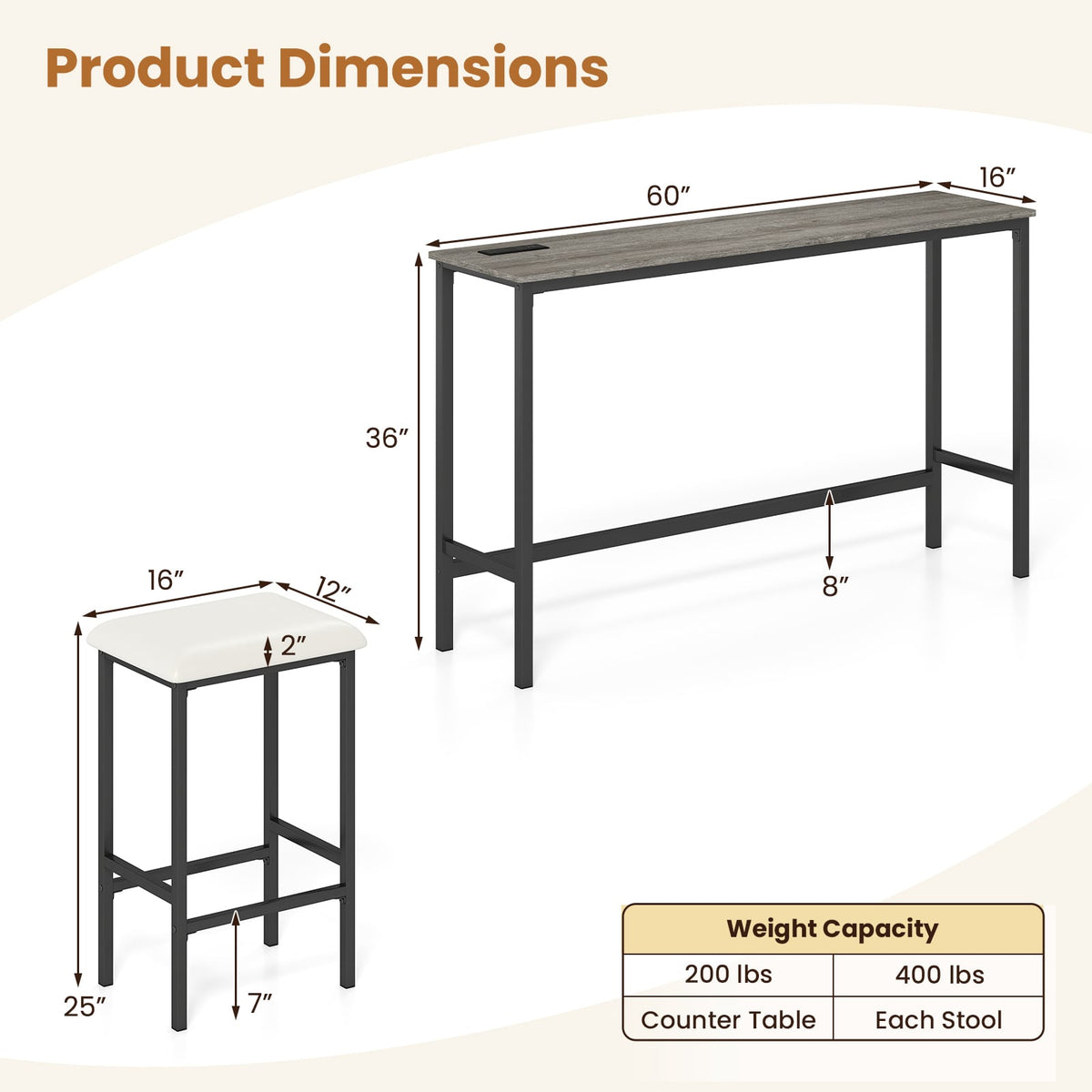 4 Pieces Counter Height Bar Table with Power Outlet with 3 Padded Stools-Gray view 5