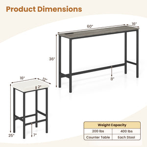 4 Pieces Counter Height Bar Table with Power Outlet with 3 Padded Stools-Gray view 5