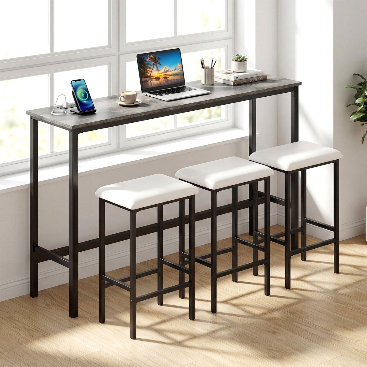 4 Pieces Counter Height Bar Table with Power Outlet with 3 Padded Stools-Gray view 6
