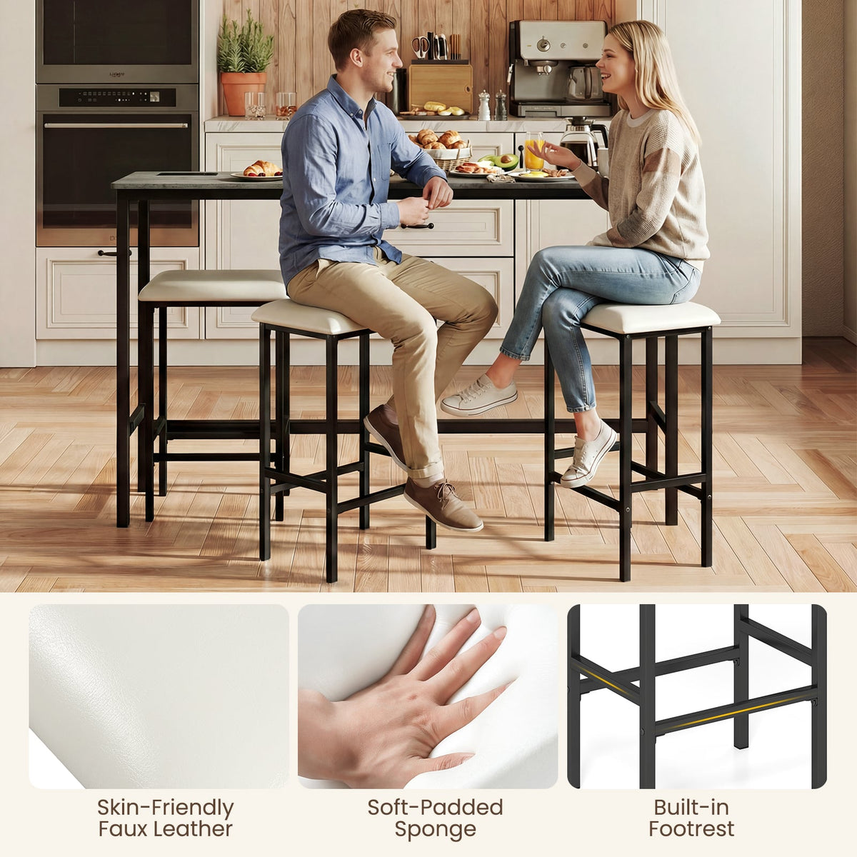 4 Pieces Counter Height Bar Table with Power Outlet with 3 Padded Stools-Gray view 9