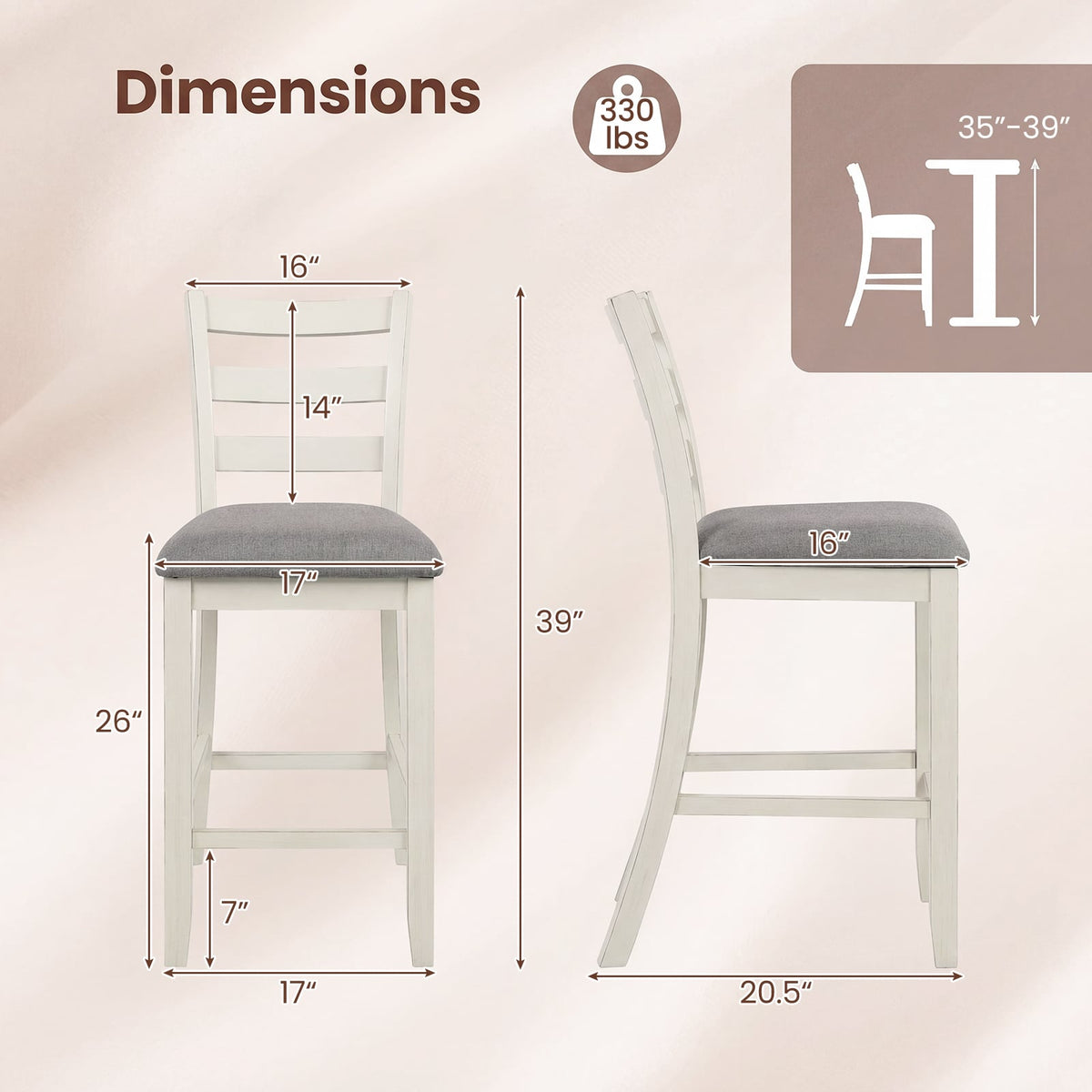 4 Pieces Counter Height Chairs with Fabric Seat and Rubber Wood Legs-Beige view 4