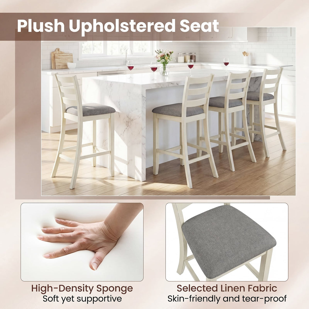 4 Pieces Counter Height Chairs with Fabric Seat and Rubber Wood Legs-Beige view 8