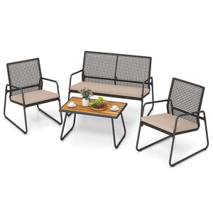 4 Pieces Patio Furniture Set with Acacia Wood Coffee Table and Zippered Cushions-Mix Brown