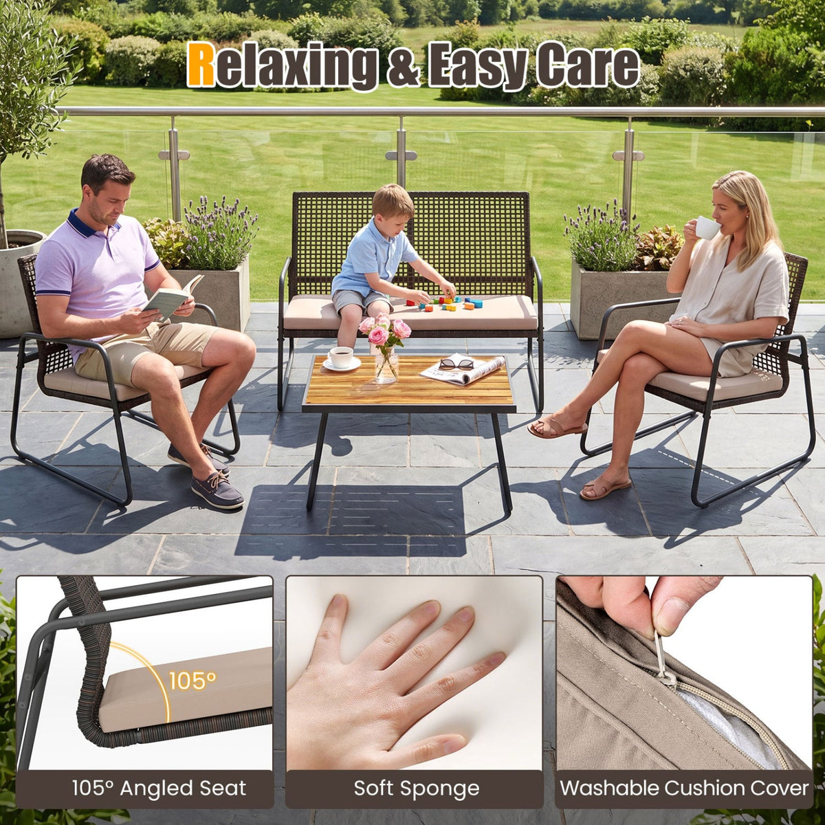 4 Pieces Patio Furniture Set with Acacia Wood Coffee Table and Zippered Cushions-Mix Brown view 7
