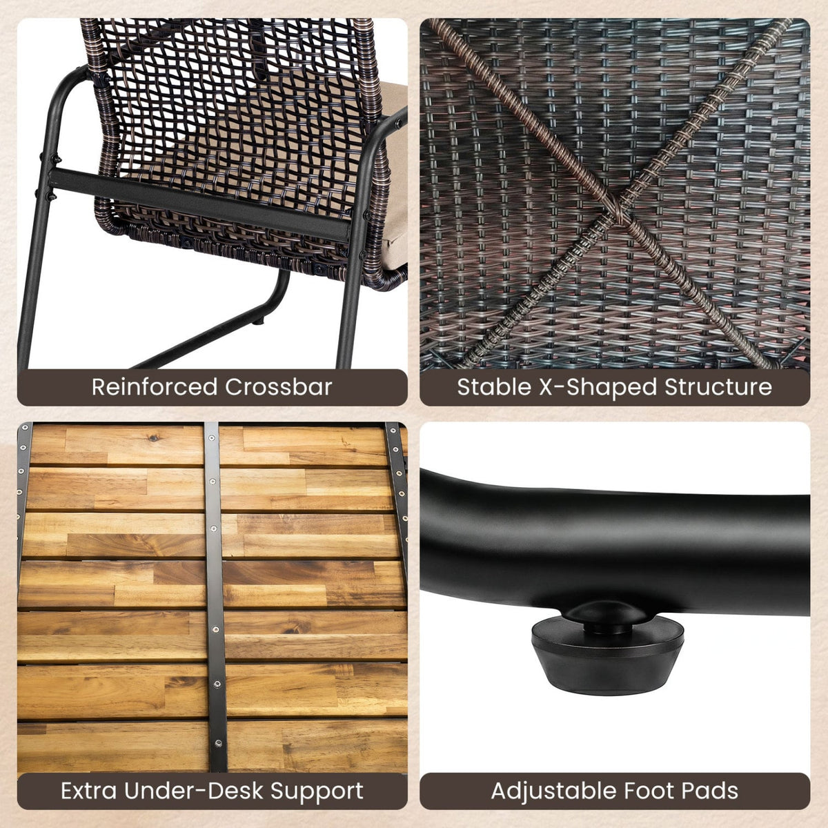 4 Pieces Patio Furniture Set with Acacia Wood Coffee Table and Zippered Cushions-Mix Brown view 9