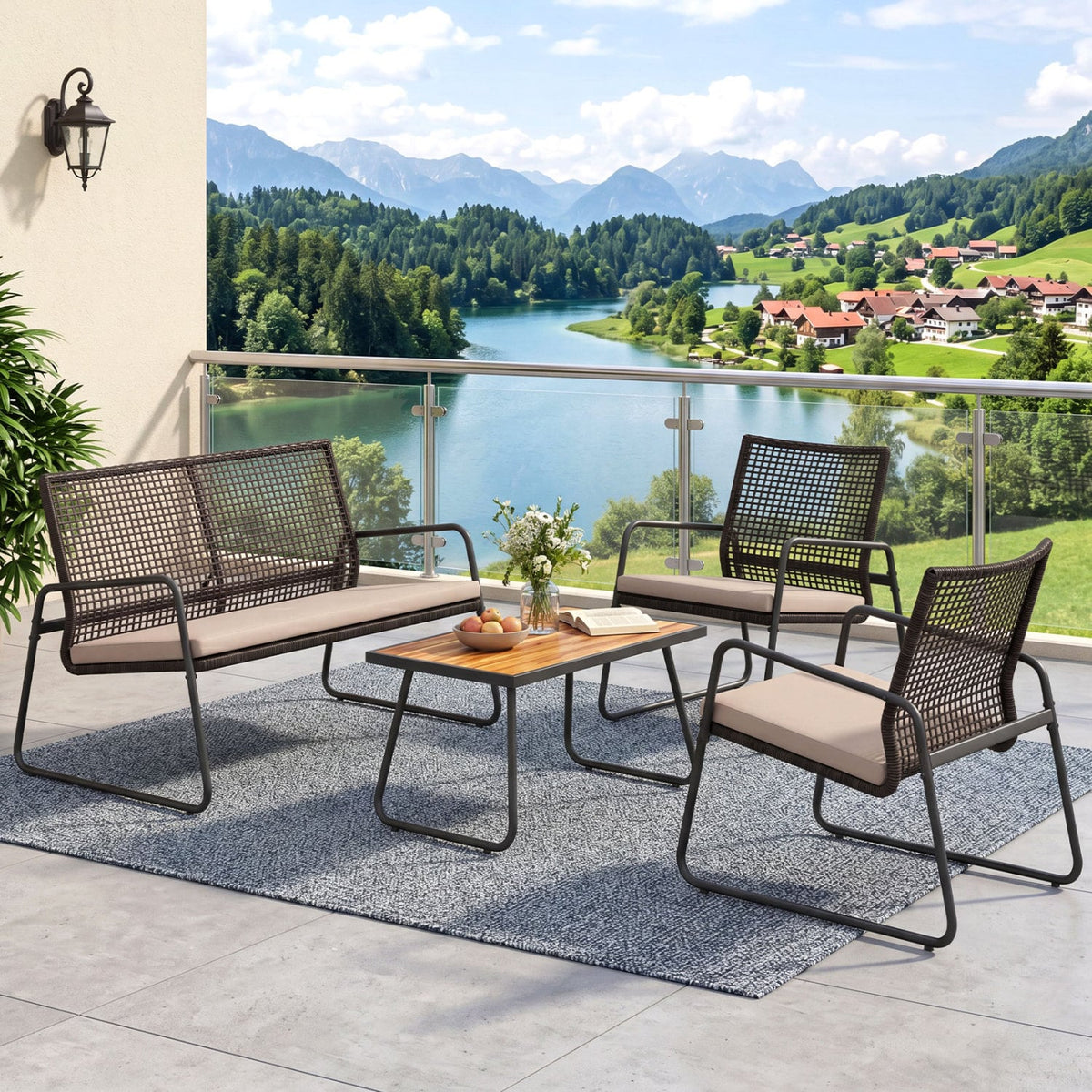 4 Pieces Patio Furniture Set with Acacia Wood Coffee Table and Zippered Cushions-Mix Brown view 3