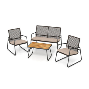 4 Pieces Patio Furniture Set with Acacia Wood Coffee Table and Zippered Cushions-Mix Brown view 4