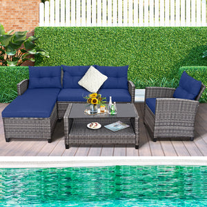 4 Pieces Patio Rattan Sofa Furniture Set with Cushion and 2-Tier Coffee Table-Navy view 2