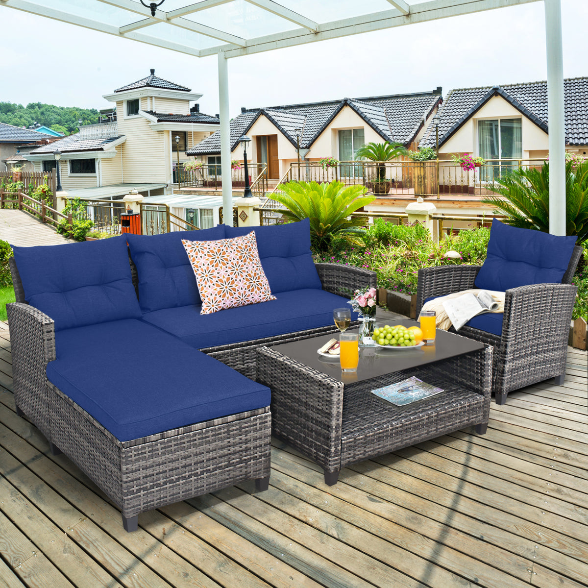 4 Pieces Patio Rattan Sofa Furniture Set with Cushion and 2-Tier Coffee Table-Navy view 3