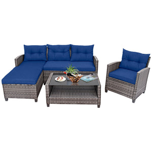 4 Pieces Patio Rattan Sofa Furniture Set with Cushion and 2-Tier Coffee Table-Navy view 4