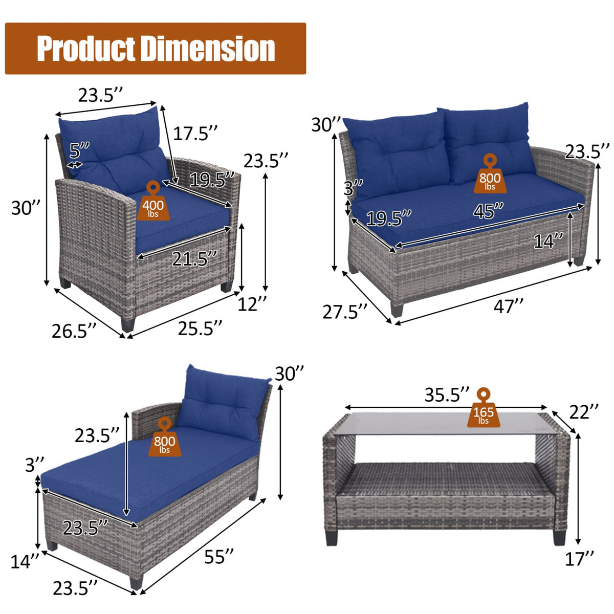 4 Pieces Patio Rattan Sofa Furniture Set with Cushion and 2-Tier Coffee Table-Navy view 5