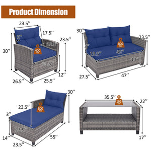 4 Pieces Patio Rattan Sofa Furniture Set with Cushion and 2-Tier Coffee Table-Navy view 5