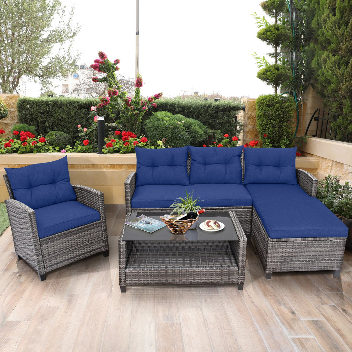 4 Pieces Patio Rattan Sofa Furniture Set with Cushion and 2-Tier Coffee Table-Navy view 6