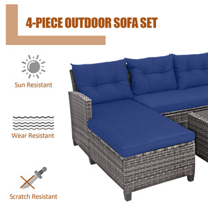 4 Pieces Patio Rattan Sofa Furniture Set with Cushion and 2-Tier Coffee Table-Navy view 7