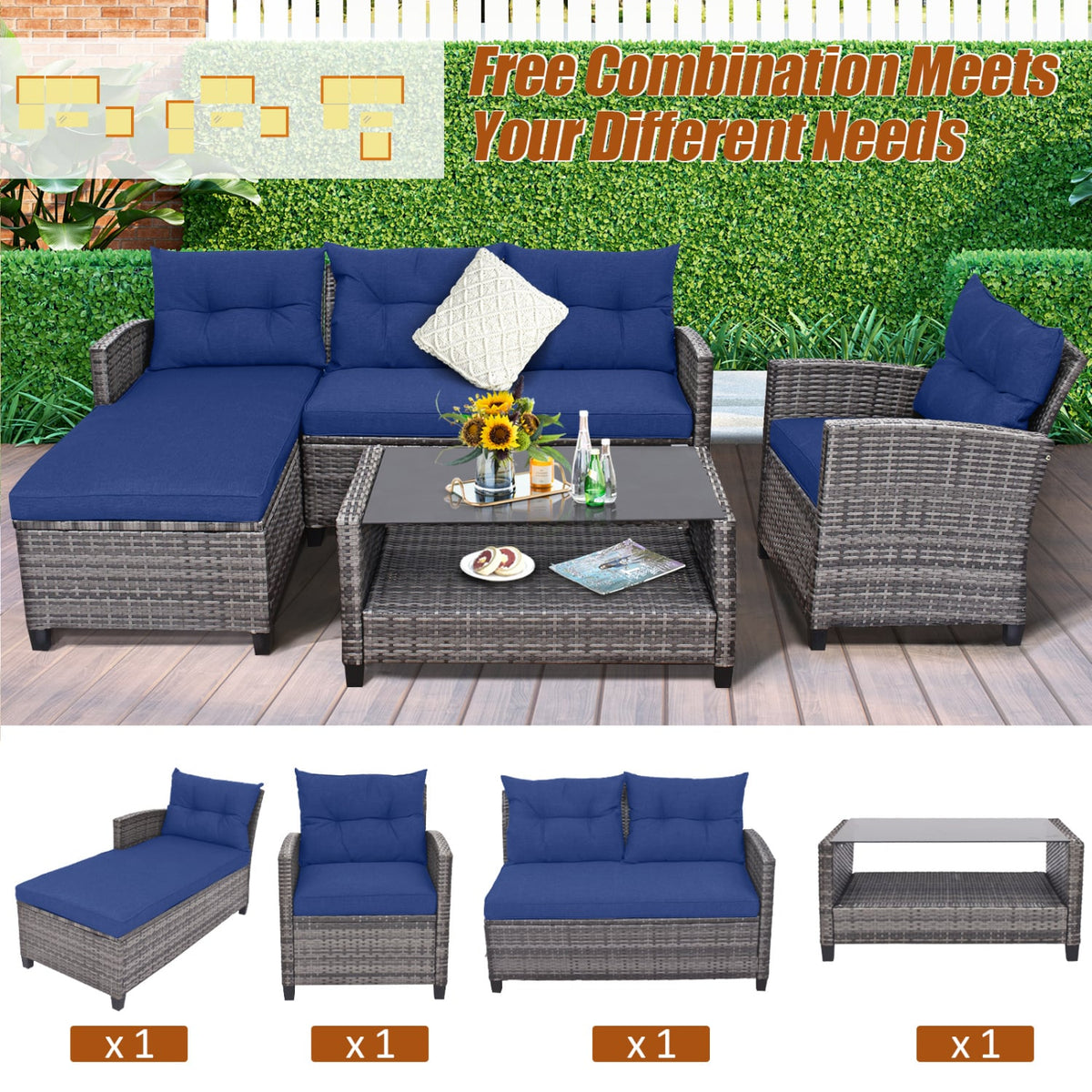 4 Pieces Patio Rattan Sofa Furniture Set with Cushion and 2-Tier Coffee Table-Navy view 8