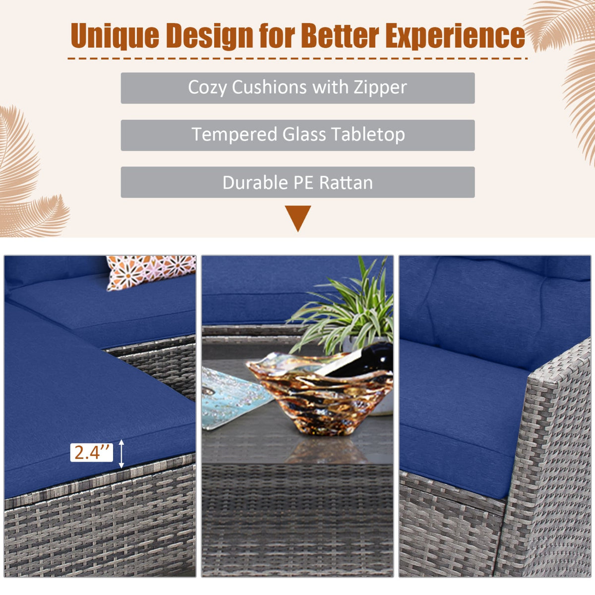 4 Pieces Patio Rattan Sofa Furniture Set with Cushion and 2-Tier Coffee Table-Navy view 9