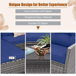 4 Pieces Patio Rattan Sofa Furniture Set with Cushion and 2-Tier Coffee Table-Navy view 9