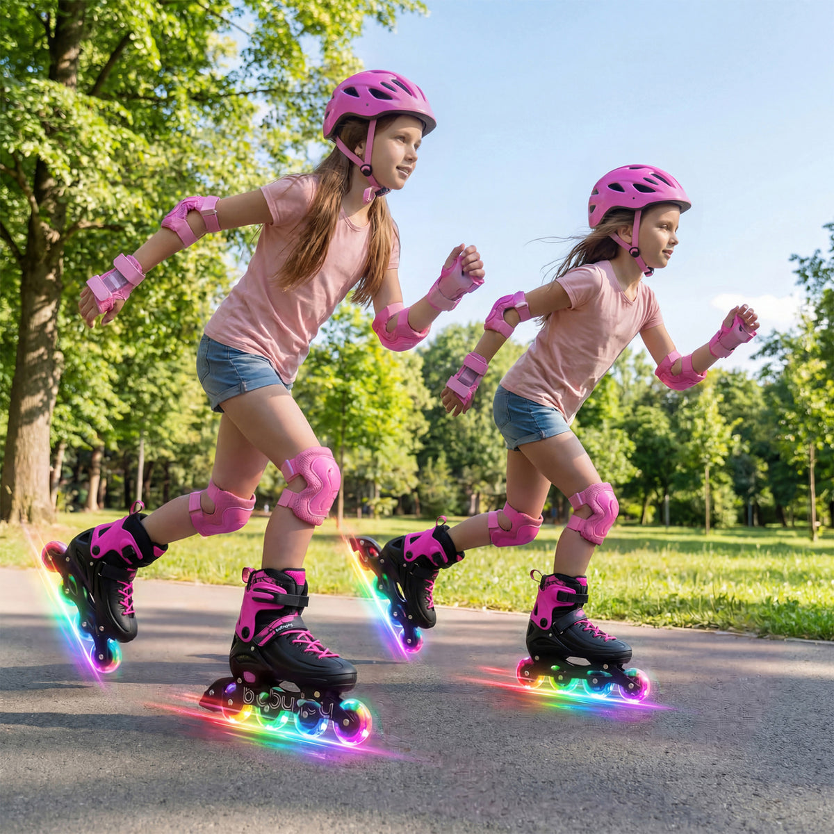 4-Size Adjustable Light-Up Kids Inline Skates for Kids Ages 7-9-Pink view 2