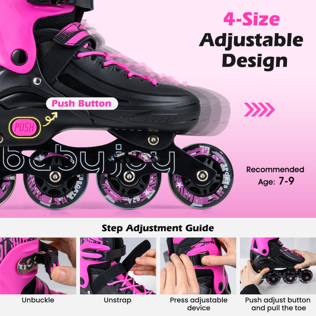 4-Size Adjustable Light-Up Kids Inline Skates for Kids Ages 7-9-Pink view 6