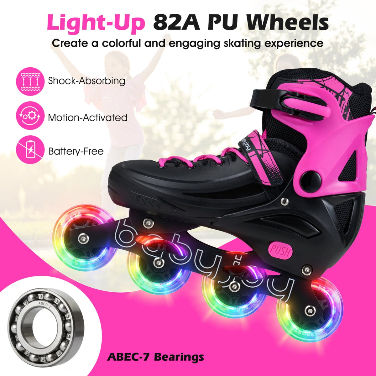 4-Size Adjustable Light-Up Kids Inline Skates for Kids Ages 7-9-Pink view 7