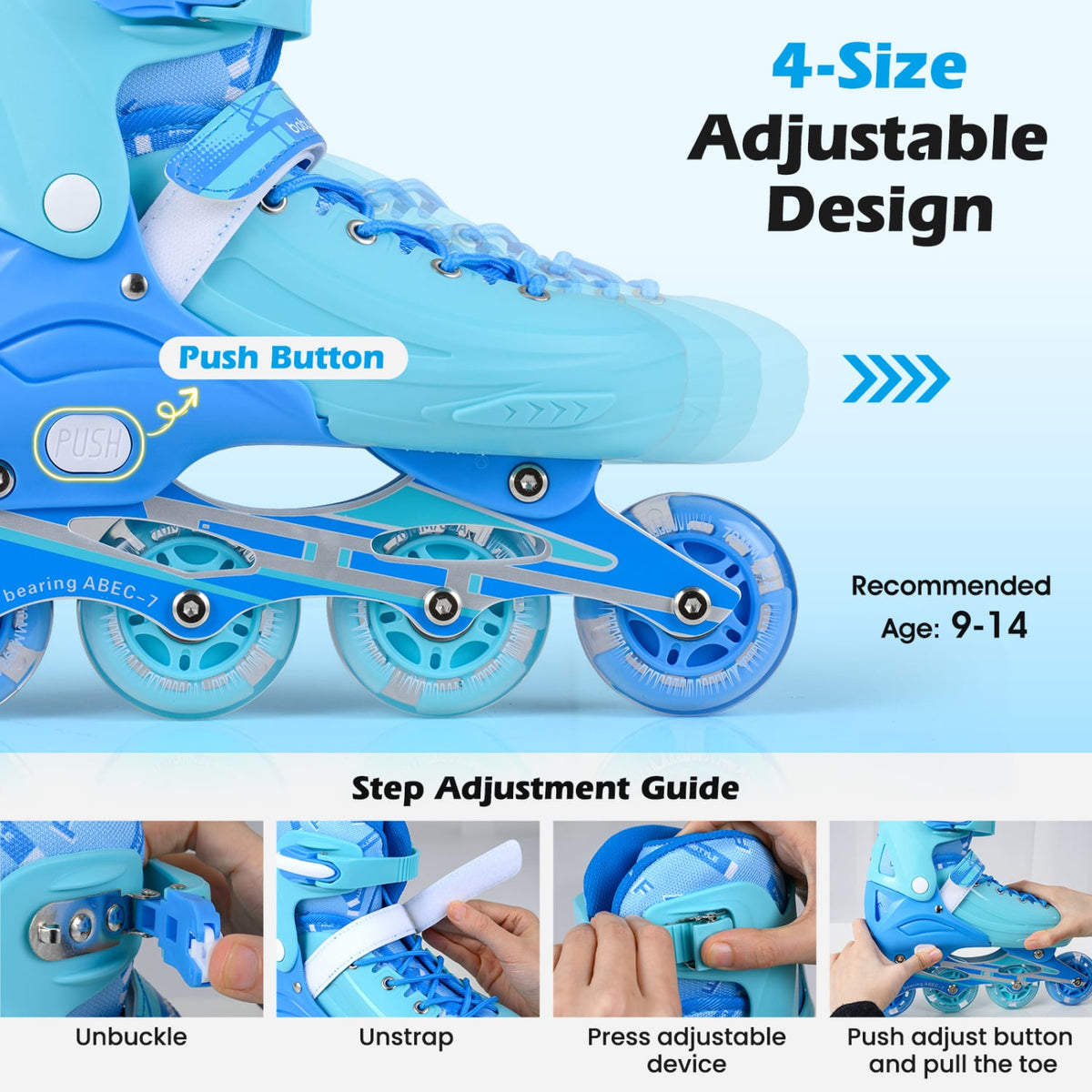 4-Size Adjustable Light-Up Kids Inline Skates for Kids Ages 9-14-Blue view 6