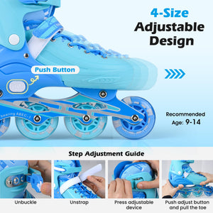 4-Size Adjustable Light-Up Kids Inline Skates for Kids Ages 9-14-Blue view 6