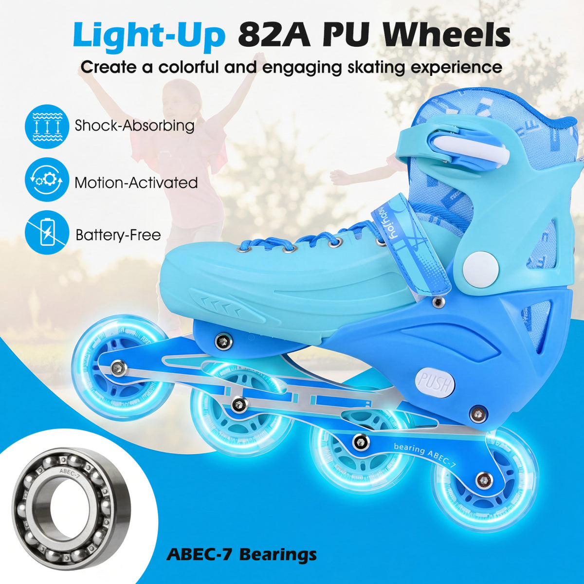 4-Size Adjustable Light-Up Kids Inline Skates for Kids Ages 9-14-Blue view 7