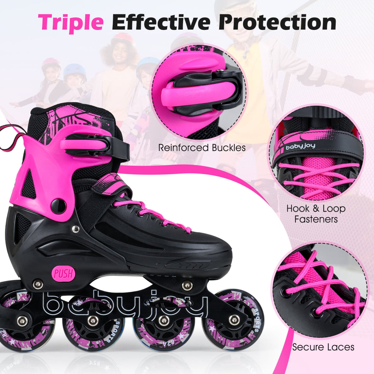 4-Size Adjustable Light-Up Kids Inline Skates for Kids Ages 9-14-Pink view 9