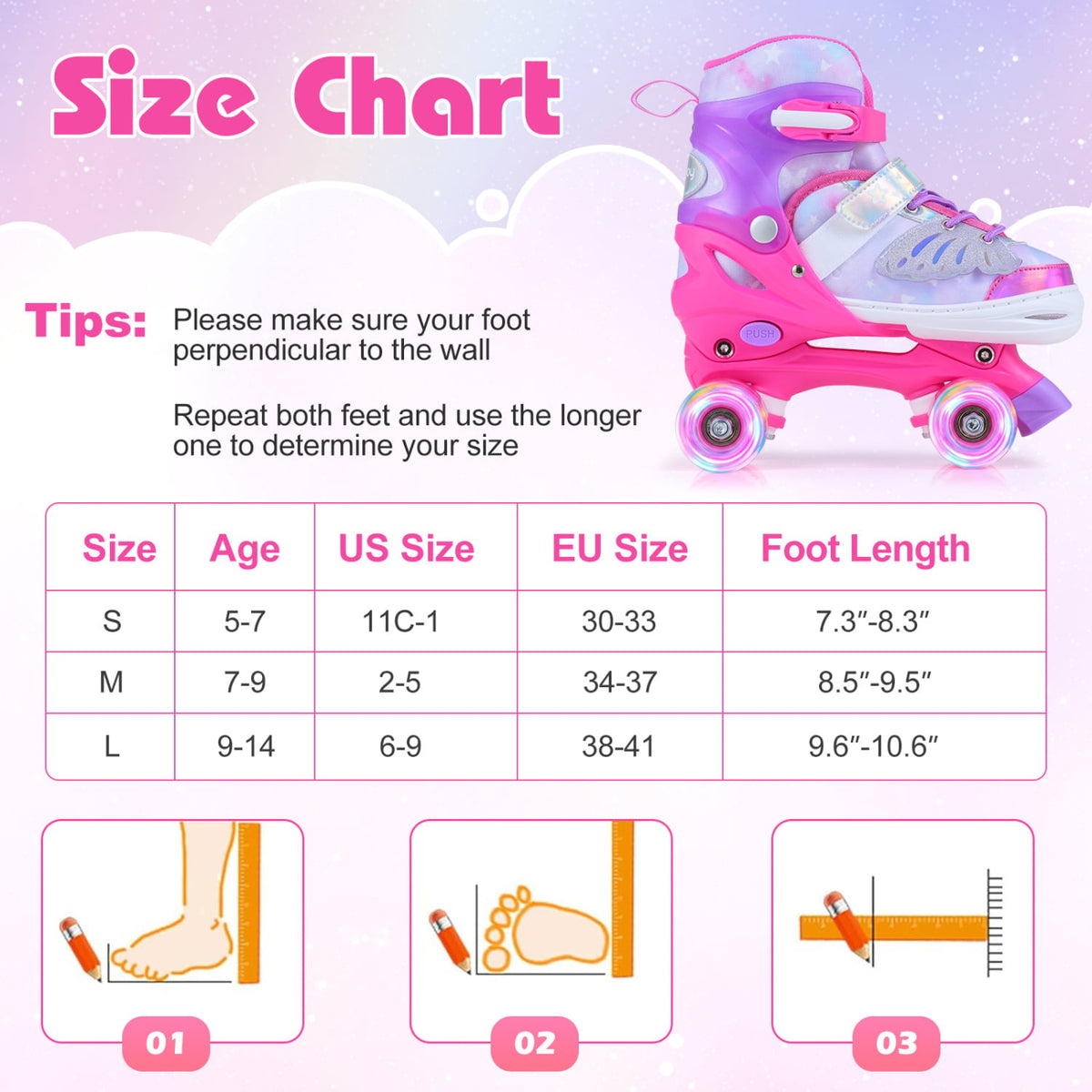 4 Sizes Adjustable Kids Roller Skates for Toddlers Ages 9-14 with 4 Light-up Wheels-Pink view 4