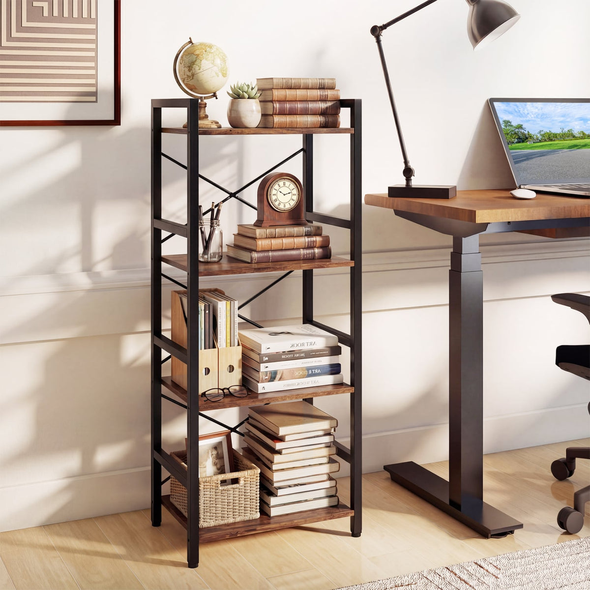 4-Tier Bookshelf Narrow Freestanding Display Shelf with Metal Frame-Rustic Brown view 2