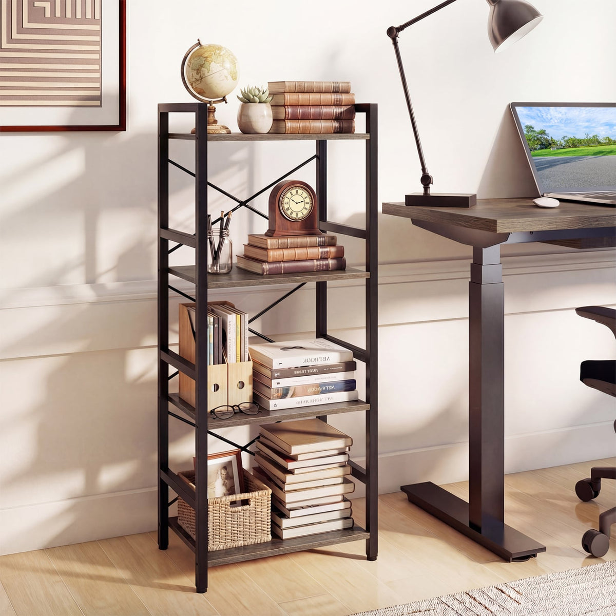 4-Tier Bookshelf Narrow Freestanding Display Shelf with Metal Frame-Oak view 2