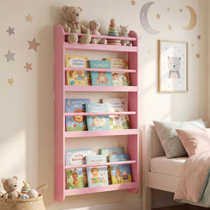 4-Tier Bookshelf Organizer for Toys and Books with Basswood Crossbar-Pink view 2
