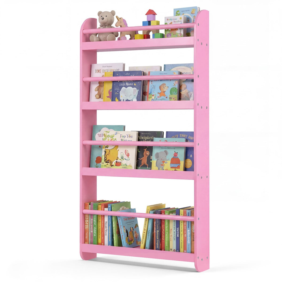 4-Tier Bookshelf Organizer for Toys and Books with Basswood Crossbar-Pink view 4