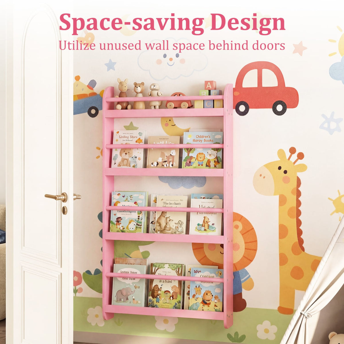 4-Tier Bookshelf Organizer for Toys and Books with Basswood Crossbar-Pink view 9