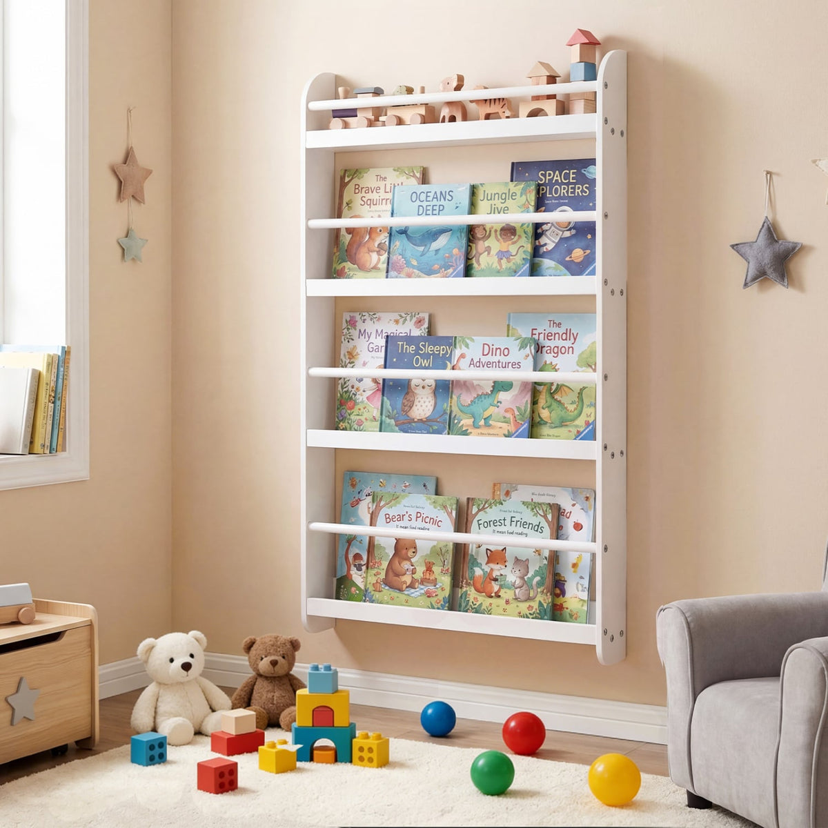 4-Tier Bookshelf Organizer for Toys and Books with Basswood Crossbar-White view 3
