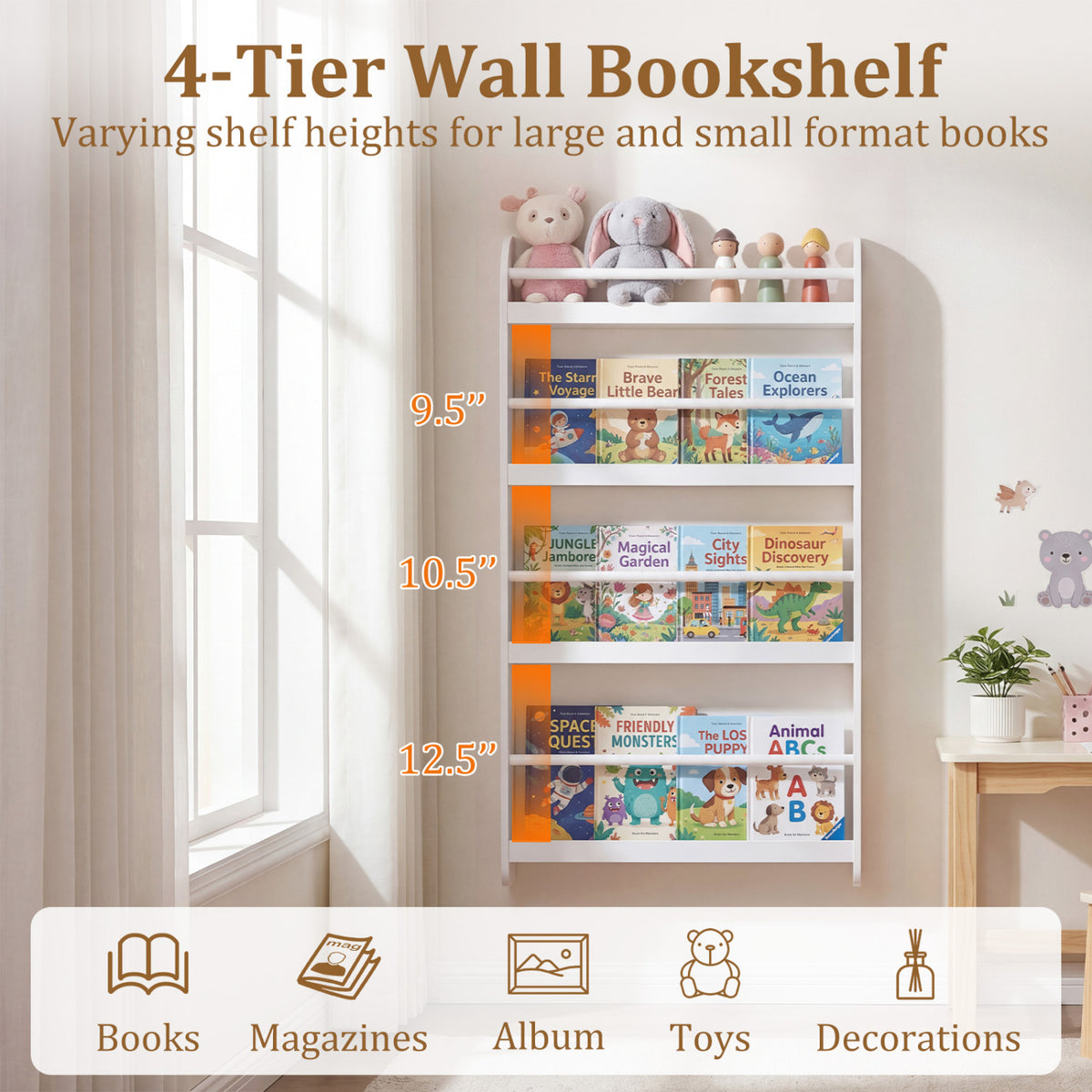 4-Tier Bookshelf Organizer for Toys and Books with Basswood Crossbar-White view 8