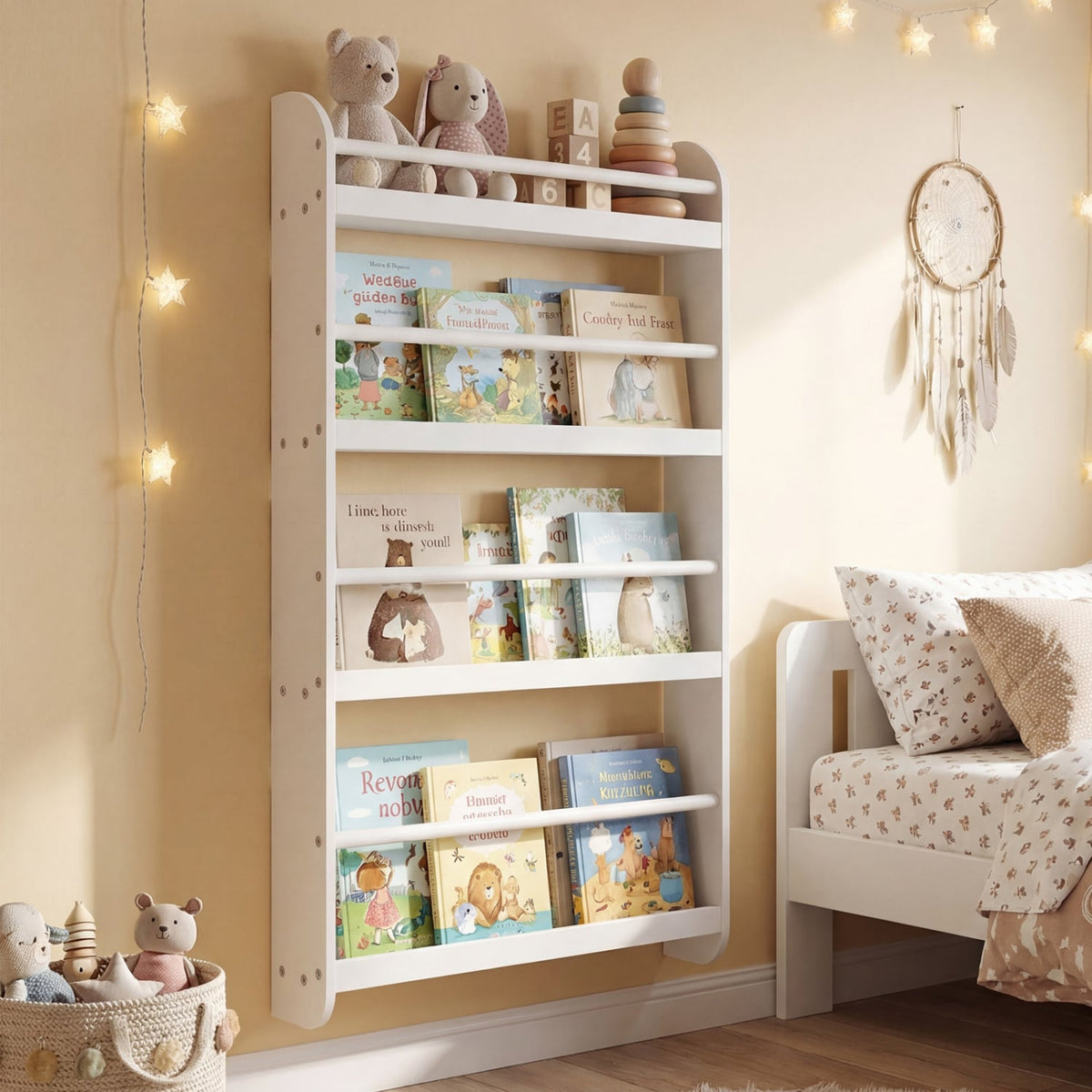 4-Tier Bookshelf Organizer for Toys and Books with Basswood Crossbar-White view 6