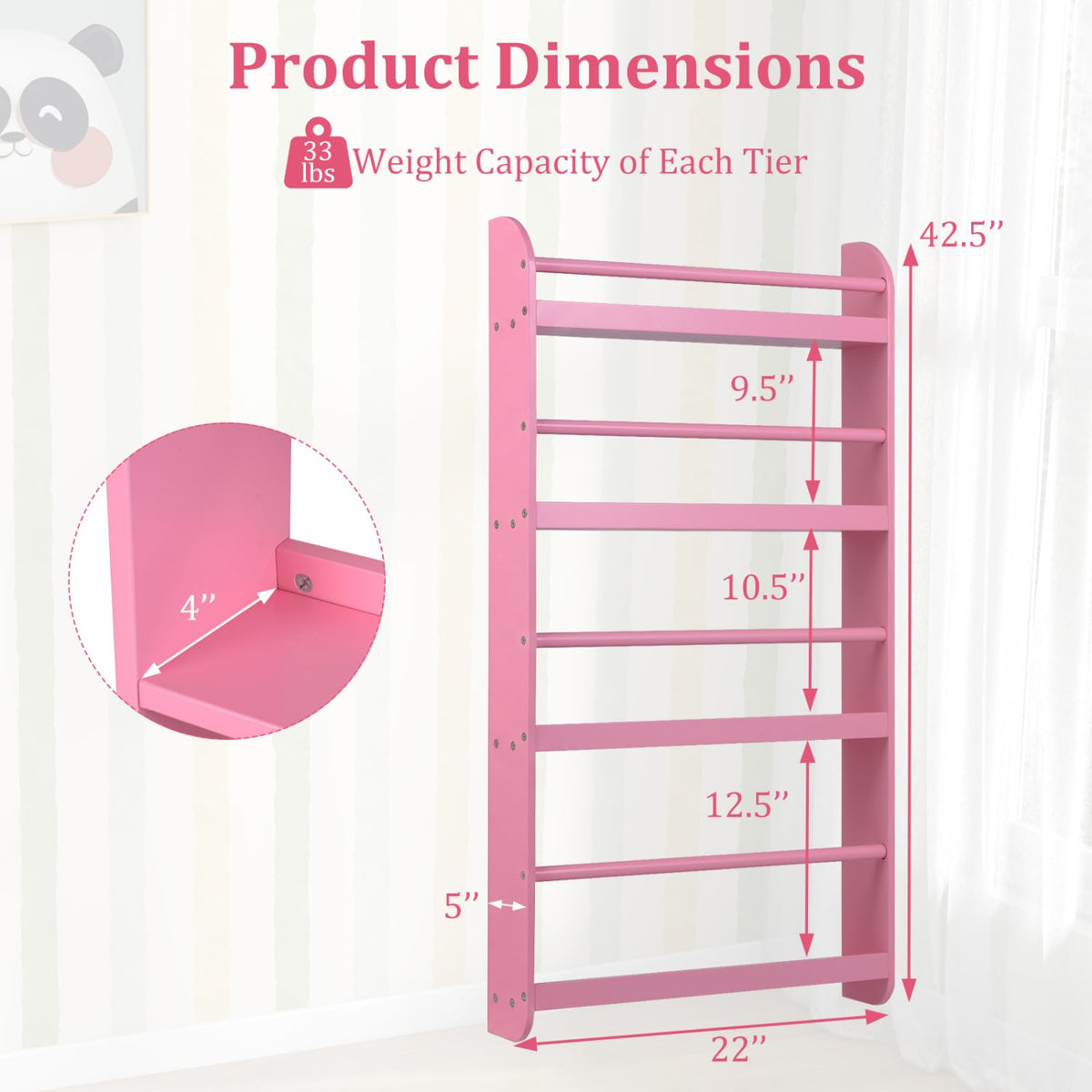 4-Tier Bookshelf Organizer for Toys and Books with Basswood Crossbar-Pink view 5