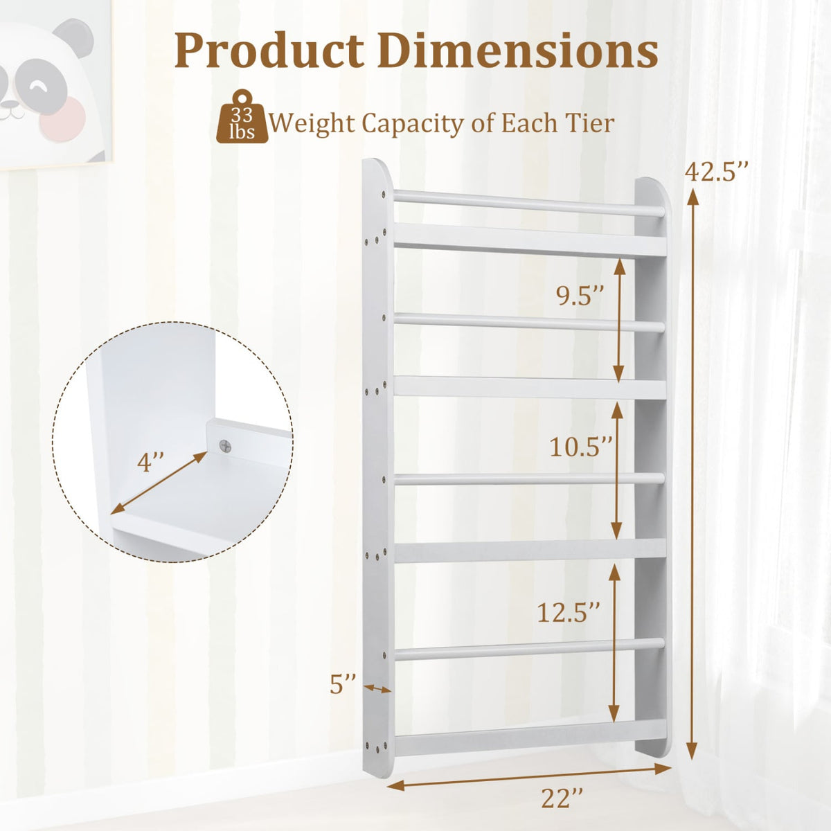 4-Tier Bookshelf Organizer for Toys and Books with Basswood Crossbar-White view 5