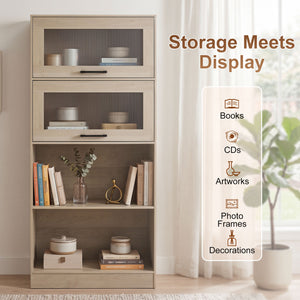 4-Tier Bookshelf with Storage Cabinets and Open Compartments-Natural view 7