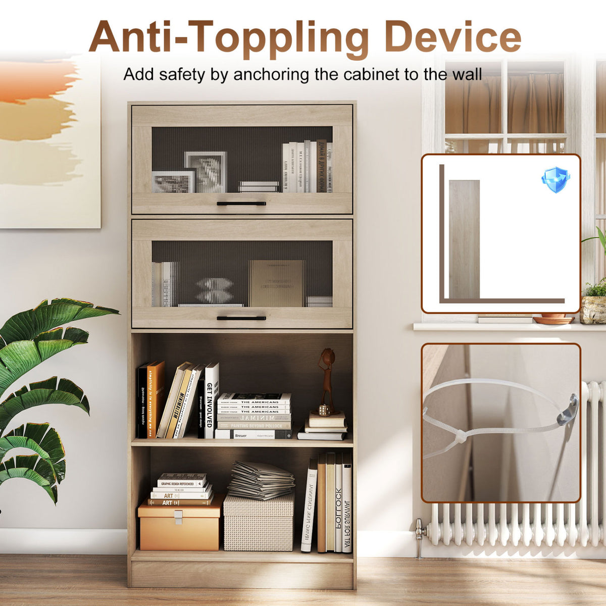 4-Tier Bookshelf with Storage Cabinets and Open Compartments-Natural view 9