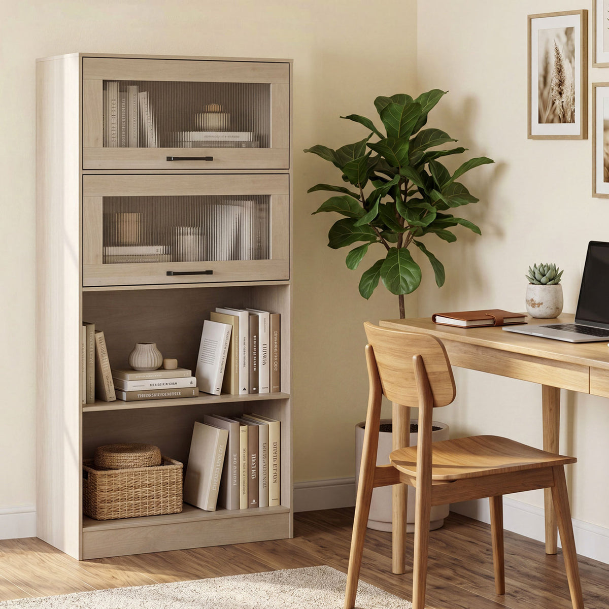 4-Tier Bookshelf with Storage Cabinets and Open Compartments-Natural view 3