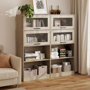 4-Tier Bookshelf with Storage Cabinets and Open Compartments-Natural view 6