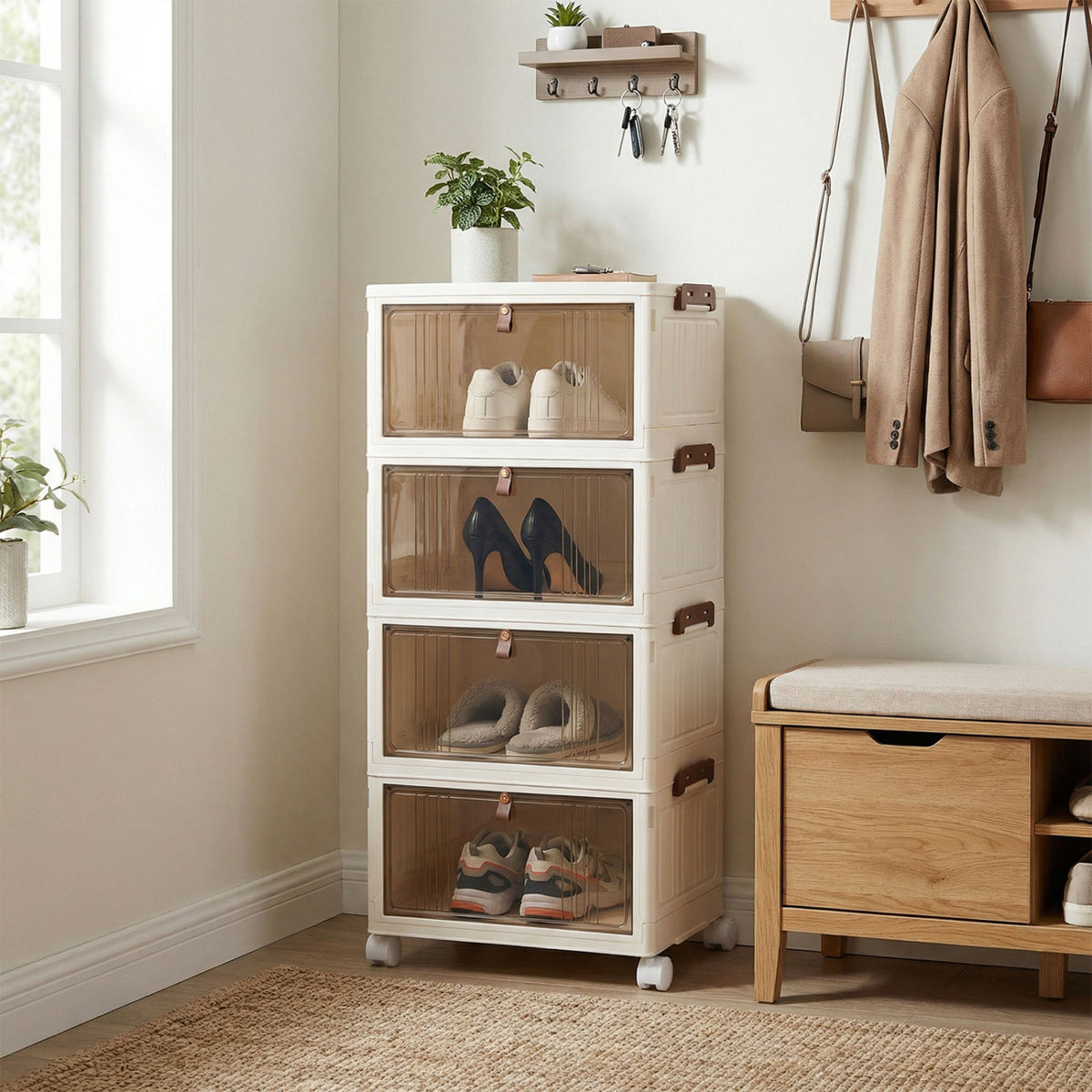 4-Tier Collapsible Shoe Box Lid Doors and Lockable Wheels-White view 2