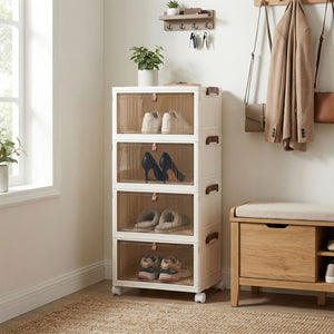 4-Tier Collapsible Shoe Box Lid Doors and Lockable Wheels-White view 2